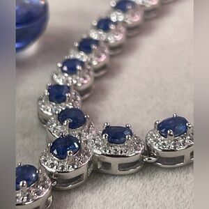 Blue Sapphire Halo Tennis Bracelet Necklace - Women Jewelry